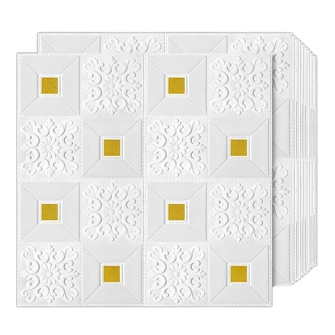D Foam Wallpaper Wall Panels Brick Self-Adhesive Waterproof PE Foam, Ceiling Wallpaper for Bedroom Furniture, 57.5 Sq. Peel and Stick 3D Brick(White and Golden)