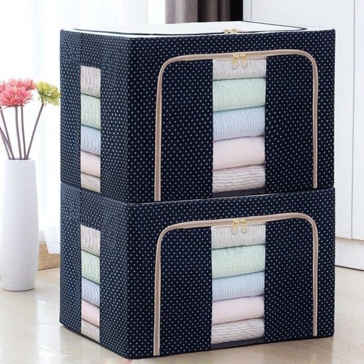 Clothes Storage Box for Wardrobe Cloth, Saree, Towel, Blanket Foldable Organizer Bag with Steel Frame, Top and Front Zipper Open Bags