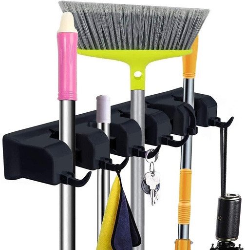 Mop And Broom Holder Wall Mount, Heavy Duty Broom Holder Wall Mounted Or Tool Organizer For Home Garden Garage And Storage (5 Positions With 6 Hooks)