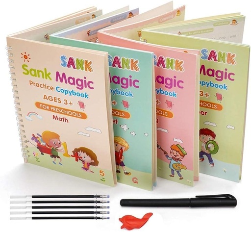 Magic Book for Kids, Sank Magic Practice Copybook, (4 Book+10 Refill+1 Pen+1 Grip) Number Tracing Book for Pre-Schoolers with Pen, Magic Calligraphy