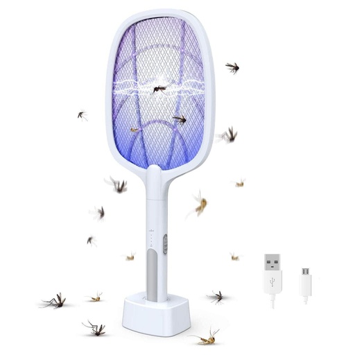 UN1QUE Mosquito Bat Rechargeable with UV Light Lamp, Electric Fly Swatter, 2-in-1 Mosquito Racket with Base, 1200mAh Long-Lasting Battery, Bug Zapper for Indoor and Outdoor - White
