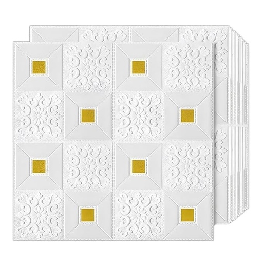 D Foam Wallpaper Wall Panels Brick Self-Adhesive Waterproof PE Foam, Ceiling Wallpaper for Bedroom Furniture, 57.5 Sq. Peel and Stick 3D Brick(White and Golden)