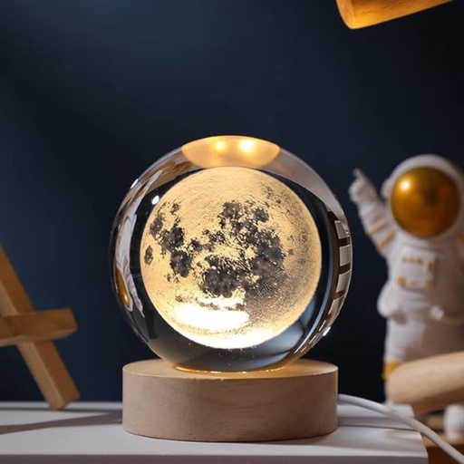 3D Moon Crystal Ball Night Lamp – USB Colorful LED Table Decor with Wooden Base for Home, Office, Bedroom & Ideal Birthday Gift for Teens